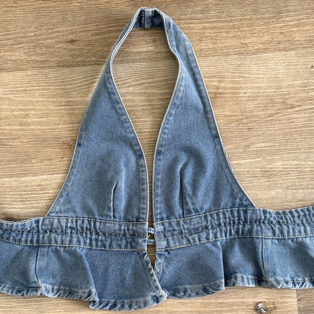 Denim Halter Ruffle Tank Top - Light Blue - Picture 2 of 5